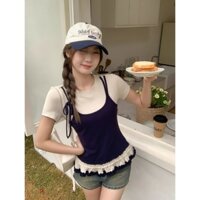 Phiên bản Hàn Quốc tương phản ren chắp vá áo hai mảnh giả