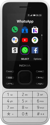 Phiên bản Nokia 6300 4G đã được mở khóa, hỗ trợ hai SIM, kết nối WiFi, các ứng dụng xã hội, Google Maps và Trợ lý, có màu bột trắng.