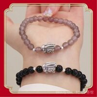 『Phiên bản thiết kế』 Vòng tay bạc nguyên chất phong cách Trung Quốc mới, xu hướng quốc gia, với đá mã não xám thỏ năm con