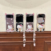 Phim Hoạt Hình Hello Kitty Vòng Tay Ốp lưng Samsung Galaxy Z Flip 3 4 5 6 ZFlip4 ZFlip5 ZFlip6 Tai Mèo Gương Chống Sốc Ốp Lưng
