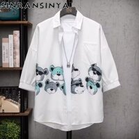 Phim hoạt hình in lót nam ngắn tay dáng rộng quần áo thường ngày xu hướng hàng ngày tay áo ba phần tư