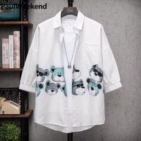 Phim hoạt hình in lót nam ngắn tay dáng rộng quần áo thường ngày xu hướng hàng ngày tay áo ba phần tư