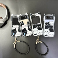 Phim Hoạt Hình Mới Đen Trắng Tai Mèo Ốp Lưng Điện Thoại Samsung Galaxy ZFlip6 4 3 Bìa Cứng Cho Flip5 Flip3 Flip4 Vỏ Chắc Chắn Giá Đỡ