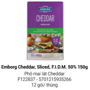 Phô mai Cheddar cắt lát Emborg – 8 miếng/150g