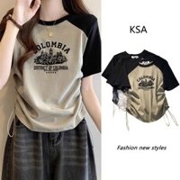 Phối tay Cổ tròn form rộng Học sinh Phối màu Áo thun nữ Mùa hè dáng body Tay ngắn Vạt Bầu Nhún Eo raglan tee Áo phông nữ