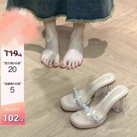 Phong cách bùng nổ [Giảm giá nóng tại shop] Dép Lê Gót Thô có quai ngang gót pha lê trong suốt đế chống thấm nước, giày cao gót nữ mùa hè mới, dép Rhinestone thoải mái