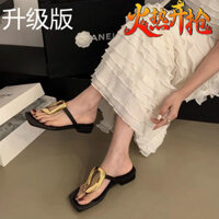 Phong cách Chanel, dép sandal nhung đen đa năng mới, dép phẳng đi biển, dép kẹp ngón chân ngoài trời cho phụ nữ