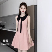 Phong Cách Chanel Màu Sắc Tương Phản Nơ Dây Đầm Mùa Hè Pháp Bất Đối Xứng Ve Áo Xù Không Tay Váy Nữ