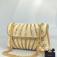 Phong cách đóng từ tính mới, túi đeo chéo thời trang ngọc trai rhinestone mới 2024, đầm dạ hội cao cấp, túi đeo chéo sáng bóng, vai đơn, bán chạy