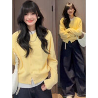 Phong Cách Hàn Quốc 2025 Phong Cách Mới Giả Áo Len Hai Mảnh Xuân Thu Dài Tay Mềm Mại Waxy Áo Len Vàng Cardigan Áo Khoác Nữ