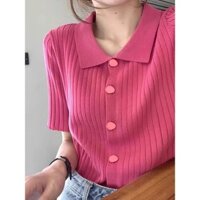 Phong Cách Hàn Quốc Cổ Áo Polo Hồng Tay Ngắn Nữ Mùa Hè Thời Trang Băng Lụa Dệt Kim Áo Thun Thiết Kế Cảm Giác Sang Trọng Hàng Đầu...