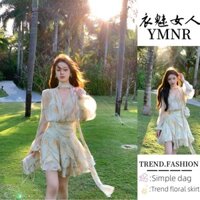 Phong Cách Hàn Quốc Dài Tay Cổ Phồng Tay Áo Voan Hoa Vàng Váy Ngắn Tiên Nữ Thu Hè