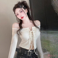 Phong cách Hàn Quốc Màu trơn lệch vai Dây buộc Slim gợi cảm Crop Top Nữ Tay dài Băng Áo thun