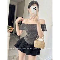 Phong Cách Hàn Quốc Ngọt Ngào Áo Móc Ngang Vai Gợi Cảm Quần Váy Ngắn Xếp Ly Mỏng Viền Bèo Nữ Bộ Hai Chiếc