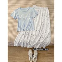 Phong Cách Hàn Quốc Ngọt Ngào Bộ Đồ Hot Girl Nơ Slim-Fit Vai Áo Thun Tay Ngắn Chấm Bi Váy Giữa Chiều Dài Bộ Hai Mảnh