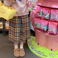 Phong Cách Hàn Quốc Nữ Co Giãn Cao Cấp Vintage Kẻ Sọc Xếp Ly Váy Dài Midi Đầm Hàng Sẵn Mới