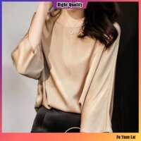 Phong Cách Hàn Quốc Satin Áo Nữ Dài Tay Dơi Rời Nữ Đơn Giản Vintage Baggy Áo Sơ Mi Silky Top