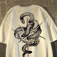 Phong Cách Hàn Quốc Unisex 2025 Áo Thun Rắn Rắn In Hình Áo Sơ Mi Quá Khổ Plus Kích Thước Quần Áo Thời Trang Nam Tay Ngắn Đồ Họa Tee Áo Trắng