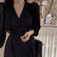 Phong Cách Hồng Kông Đen Cổ Chữ V Chấm Bi Voan Đầm Nữ Đầu Thu Phong Cách Mới Sang Trọng Váy Rộng Hẹp Phong Cách Hàn Quốc Váy Sang Trọng
