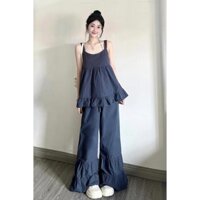 Phong Cách Lười Rời Áo Ren Top Nữ Cao Cấp Xếp Ly Quần Ống Rộng Quần Lau Sàn Bộ Hai Mảnh