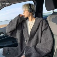 Phong Cách Lười Rời Có Mũ Trùm Đầu Áo Len Cardigan Nam Thu Đông Thường Ngày Màu Xám Dài Tay Đan Top