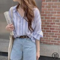 Phong Cách Lười Xanh Trắng Sọc Áo Sơ Mi Nữ Thu Đông 2025 Phong Cách Mới Dài Tay Giữa Chiều Dài Chống Nắng Áo Sơ Mi Top Hợp Thời Trang