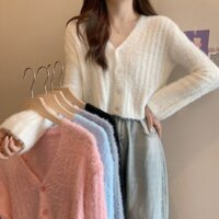 Phong Cách Mềm Mại Sáp Áo Len Nữ Mohair Nhẹ Nhàng Trắng Dệt Kim Cardigan Áo Khoác Ôm Cổ Chữ V Top