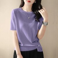 Phong Cách Mới 2025 Thiết Kế Cao Cấp Cổ Tròn Áo Thun Nữ Tay Ngắn Top Nữ Rời Dệt Kim Mùa Hè Mỏng Phong Cách