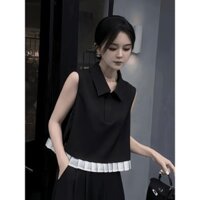 [Phong Cách Mới Bán Hàng] Thiết Kế Sense Niche Cổ Áo Polo Đen Nữ Mùa Hè Phong Cách Mới Giả Hai Mảnh Ren Khâu Áo Vest Top