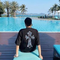 Phong Cách Mới Chrom Graffiti In Chữ Thập Áo Thun Ngắn Tay Thời Trang Mùa Hè Nam Nữ Rời Kích Thước Lớn