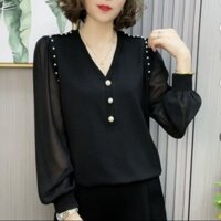 Phong Cách Mới Cổ Chữ v Rời Đính Hạt Tính Khí Bao Da Thịt Phiên Bản Hàn Quốc Thời Trang Áo Sơ Mi Nhỏ Giảm Tuổi Thời Trang Đơn Giản Khâu Bo