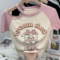 [Phong cách mới] Cô gái hoạt hình Anime màu sắc phù hợp thời trang dễ thương Tay ngắn mỏng phù hợp