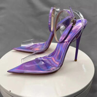 Phong Cách Mới Điện Tím Siêu Mềm Trong Suốt pvc Sandal Phong Cách Phương Tây Dây Phẳng Stiletto Giày Cao Gót 12cm