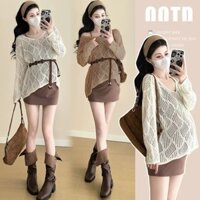 [Phong Cách Mới Giảm Giá] Trang Phục Bà Bầu Thời Trang Phong Cách Mới Xuân Hè Rỗng Áo Chống Nắng + Váy Sling Thoải Mái Bộ Đồ Mẹ Nóng Thắt Lưng Miễn Phí