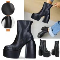 Phong cách mới gót vuông ngón chân nhỏ bốt ngắn ống ngắn âu mỹ gót dày martin boots nữ