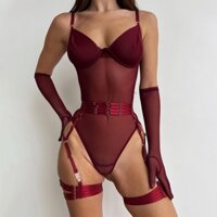 Phong cách mới influencer sexy sexy lingerie see-through mesh body shaper jumpsuit garter belt three @ -