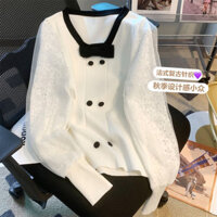 Phong Cách Mới Mùa Xuân Ren Khâu Pháp Phong Cách Chanel Áo Len Nữ Nhẹ Nhàng Nơ Thắt Nút Dệt Kim Bên Ngoài Top