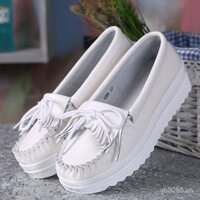 Phong Cách Mới Phiên Bản Hàn Quốc Giày Da Đế Dày Thông Thường Miệng Nông Giày Nữ Đế Nền Tảng Cao Tua Rua Giày Y Tá Trắng