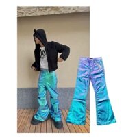 Phong cách mới Ro Style Green Laser Glossy Coating xếp chồng lên nhau Quần jean ống rộng