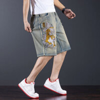 Phong Cách Mỏng Hoài Cổ Mờ Màu Vàng Thêu Năm Điểm Denim Quần Short Nam Rách Size Lớn Plus Béo Cực Lớn