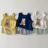 Phong Cách Mùa Hè Quần Áo Trẻ Em Mỏng Cotton Rời Không Tay Phù Hợp Với Hoạt Hình Áo Vest + Quần Short Kẻ Sọc Bộ Đồ Hai Mảnh Hợp Thời Trang-0328