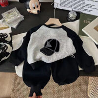 [Phong cách mùa thu đông] Bộ đồ áo nỉ bé trai Áo + Quần Bộ đồ hai mảnh Phim hoạt hình Raglan Áo thun đeo vai Bộ đồ dày lót lông cừu