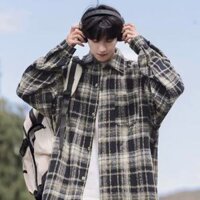 Phong cách Mỹ cũ vá viền thô thêu áo sơ mi nam Áo khoác kẻ sọc nam retro kiểu Mỹ