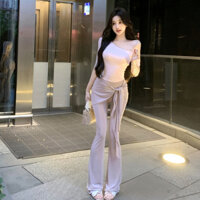 Phong Cách Mỹ Đường Phố Hợp Thời Trang Phù Hợp Với Nữ Skinny Ở Đây Bất Đối Xứng quây Áo thun ngắn tay gợi cảm + Quần loe buộc dây lưng cao Hai-