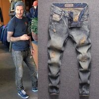 Phong Cách Mỹ Ngôi Sao Đầu Gối Rách Quần Jean Nam Độc Đáo Skinny Patch Slim-fit Thanh Niên Beggar Dạo Phố Co Giãn 3.20