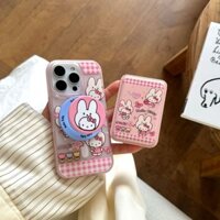 Phong cách Nhật Bản INS, màu hồng trong suốt tươi mát, phù hợp cho 16 Pro Max, màn hình toàn màn hình mờ, họa tiết mèo graffiti, giá đỡ thẻ từ 15 Pro, giá đỡ 13/14 Pro