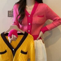 Phong Cách Nhẹ Nhàng Hoa Hồng Đỏ Hồng Cổ Chữ v Dệt Kim Cardigan Nữ Độc Đáo Ngắn Ôm Hơn Nhìn Áo Len Áo Khoác Top