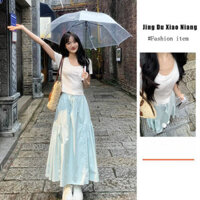 Phong Cách Nhẹ Nhàng Mặc Phù Hợp Với Nữ Trắng Dệt Kim Áo Thun Ngắn Tay Nữ Bạc Hà Váy Xanh