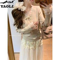 Phong Cách Pháp Cổ Chữ V Nhẹ Nhàng Ren Áo Khoác Bên Trong Áo Nơ Nữ Đáy Áo Len