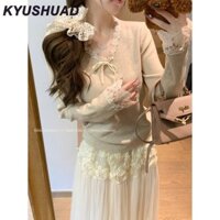 Phong Cách Pháp Cổ Chữ V Nhẹ Nhàng Ren Áo Khoác Bên Trong Áo Nơ Nữ Đáy Áo Len